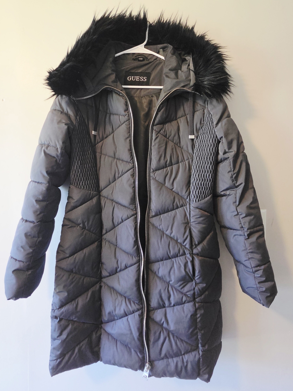 GUESS Women's Charcoal Quilted Puffer Coat with Faux-Fur Hood